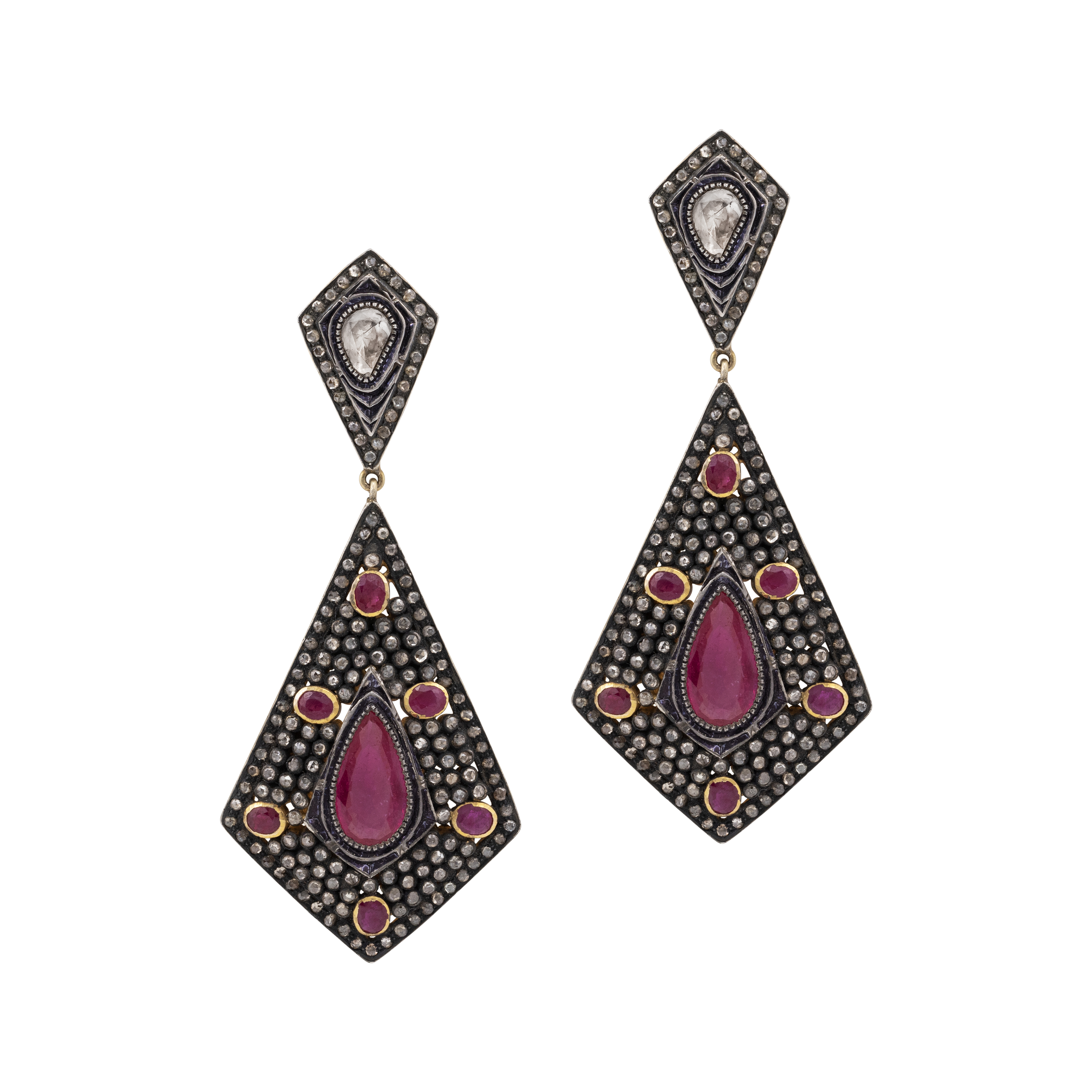 Kite-Shaped Antique Earrings with Ruby and Rose-Cut Diamonds